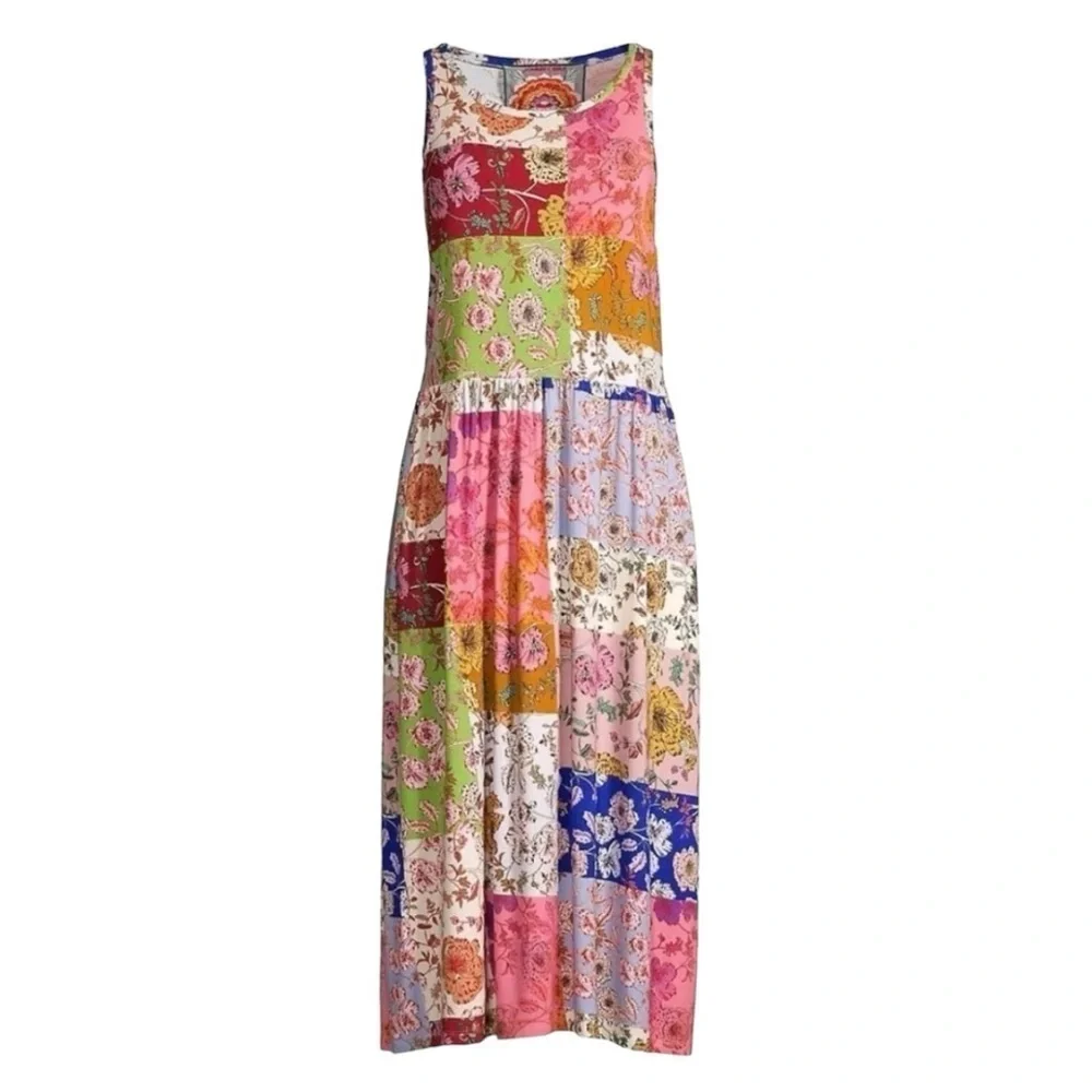 Johnny Was Cosmo Easy Fit Tea Length Patchwork Bamboo Midi Dress Women Large - Picture 5 of 16